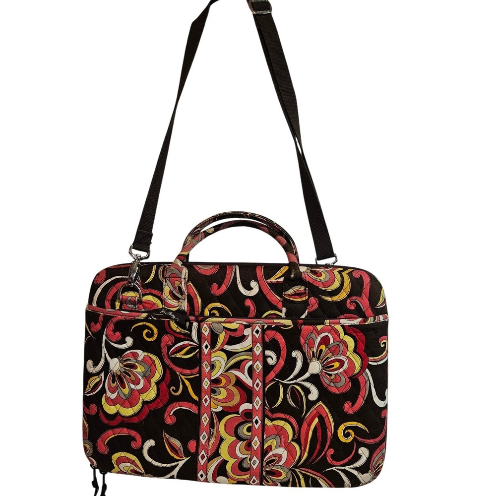 Vera Bradley Folkloric Quilted Laptop Bag Messenger Crossbody Floral Brown Red